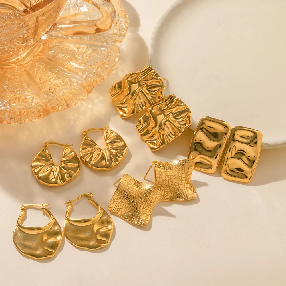 Stainless Steel Plicated Chunky 18K Gold Plated Exquisite Geometric Hammer Grain Pattern Earring Women Ear Tarnish Free Jewelry
