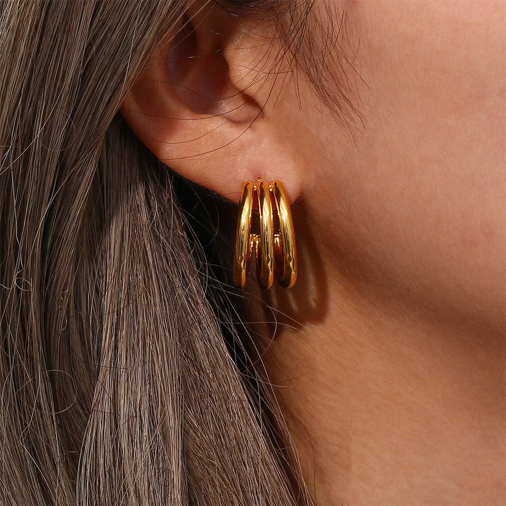 3 Layers Tube Shape Popular Hoop Earrings Stainless Steel Earrings For Woman Tarnish Free Waterproof Jewelry