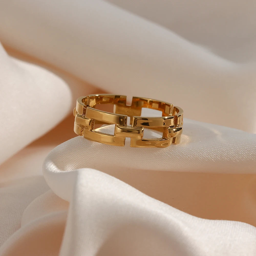 E.B.belle Minimalist New Basic Hollow Square Chain Ring Non Tarnish Titanium Steel Rings For Women Geometric Gold Ring