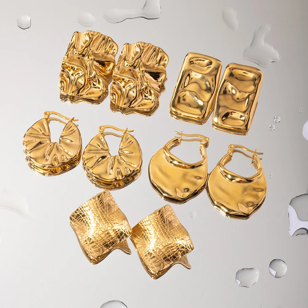 Stainless Steel Plicated Chunky 18K Gold Plated Exquisite Geometric Hammer Grain Pattern Earring Women Ear Tarnish Free Jewelry