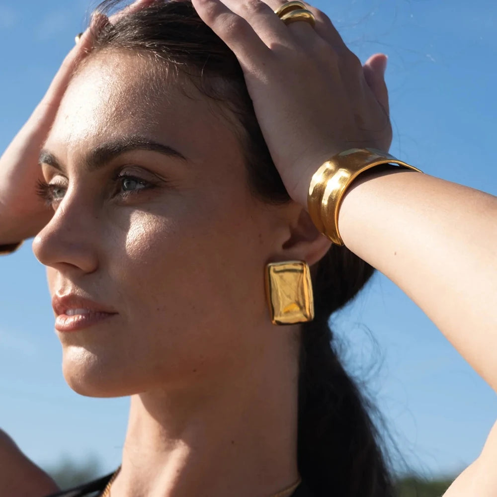 Stainless Steel Plicated Chunky 18K Gold Plated Exquisite Geometric Hammer Grain Pattern Earring Women Ear Tarnish Free Jewelry