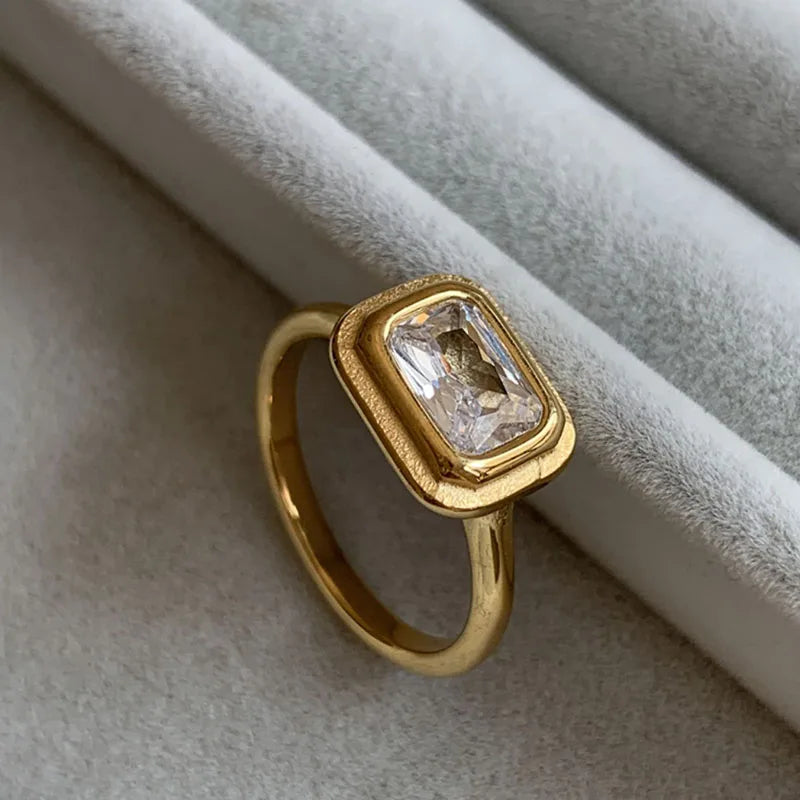 Rectangle cz stone rings stainless steel rings for women minimalist simple dainty jewelry tarnish free jewelry waterproof