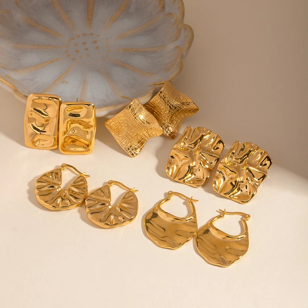 Stainless Steel Plicated Chunky 18K Gold Plated Exquisite Geometric Hammer Grain Pattern Earring Women Ear Tarnish Free Jewelry