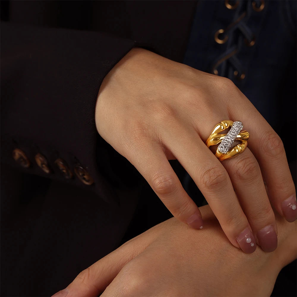 316L Stainless Steel Rings for Women 18K Gold Plated Hollowed Inlaid Zircon No Tarnish Women's Ring Minimalist Couples Jewelry