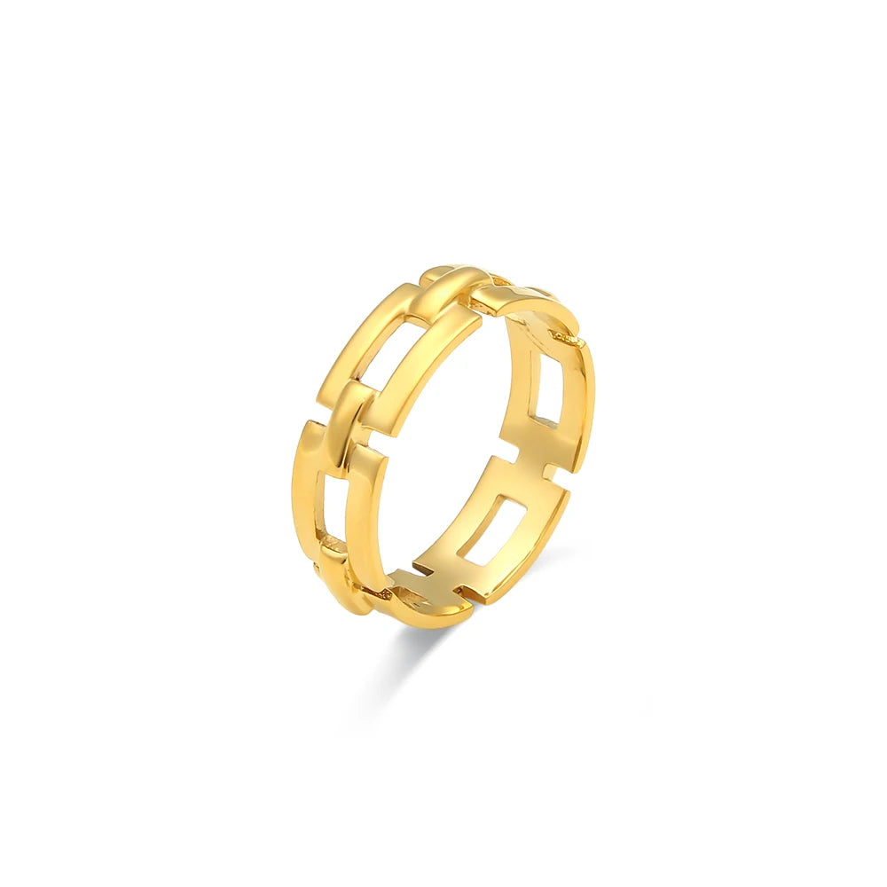 E.B.belle Minimalist New Basic Hollow Square Chain Ring Non Tarnish Titanium Steel Rings For Women Geometric Gold Ring