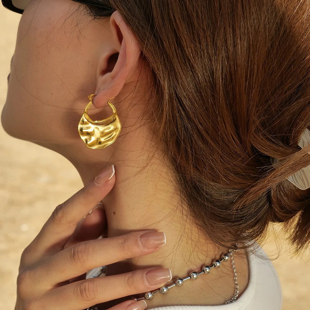 Stainless Steel Plicated Chunky 18K Gold Plated Exquisite Geometric Hammer Grain Pattern Earring Women Ear Tarnish Free Jewelry