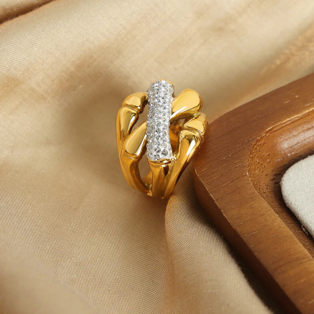 316L Stainless Steel Rings for Women 18K Gold Plated Hollowed Inlaid Zircon No Tarnish Women's Ring Minimalist Couples Jewelry