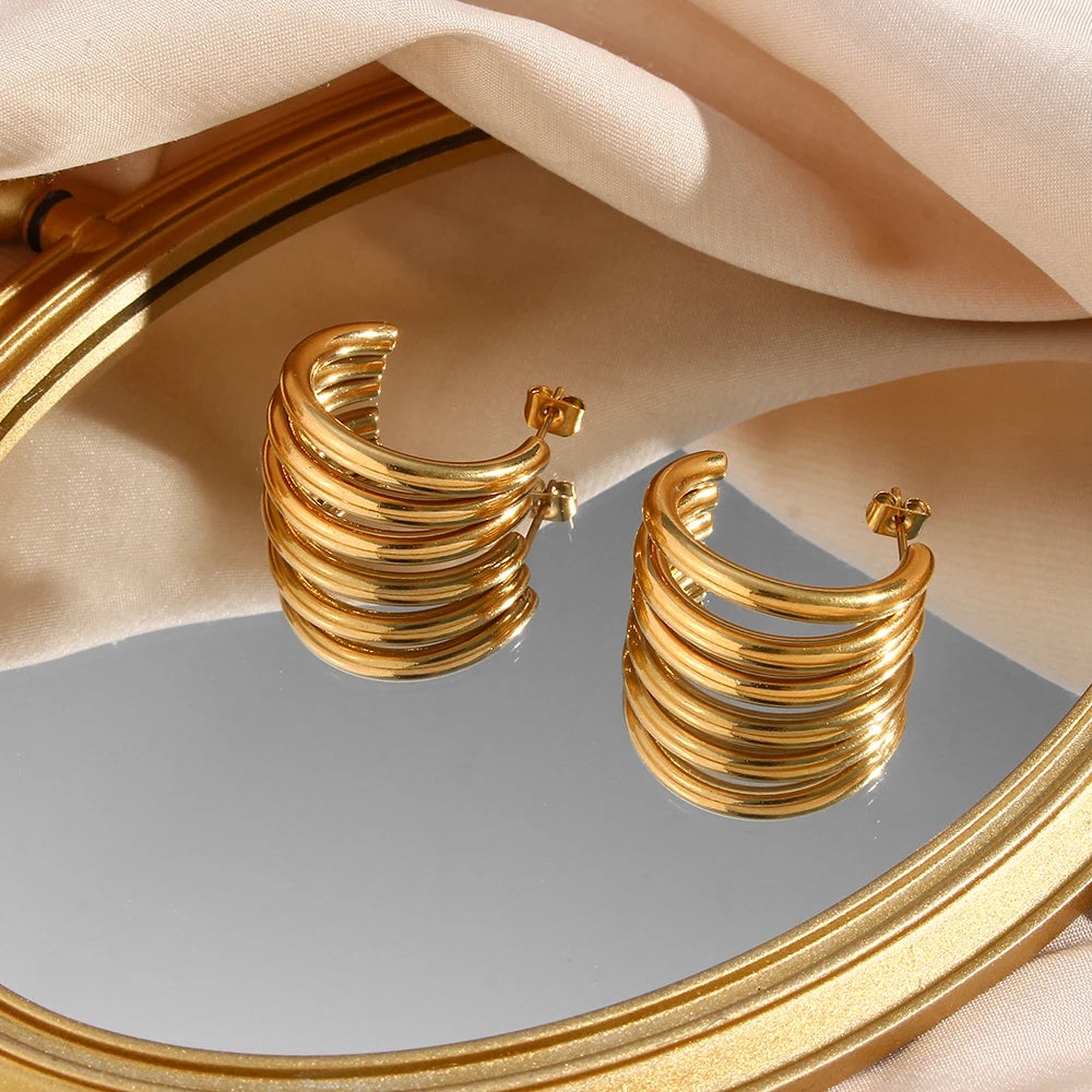 3 Layers Tube Shape Popular Hoop Earrings Stainless Steel Earrings For Woman Tarnish Free Waterproof Jewelry