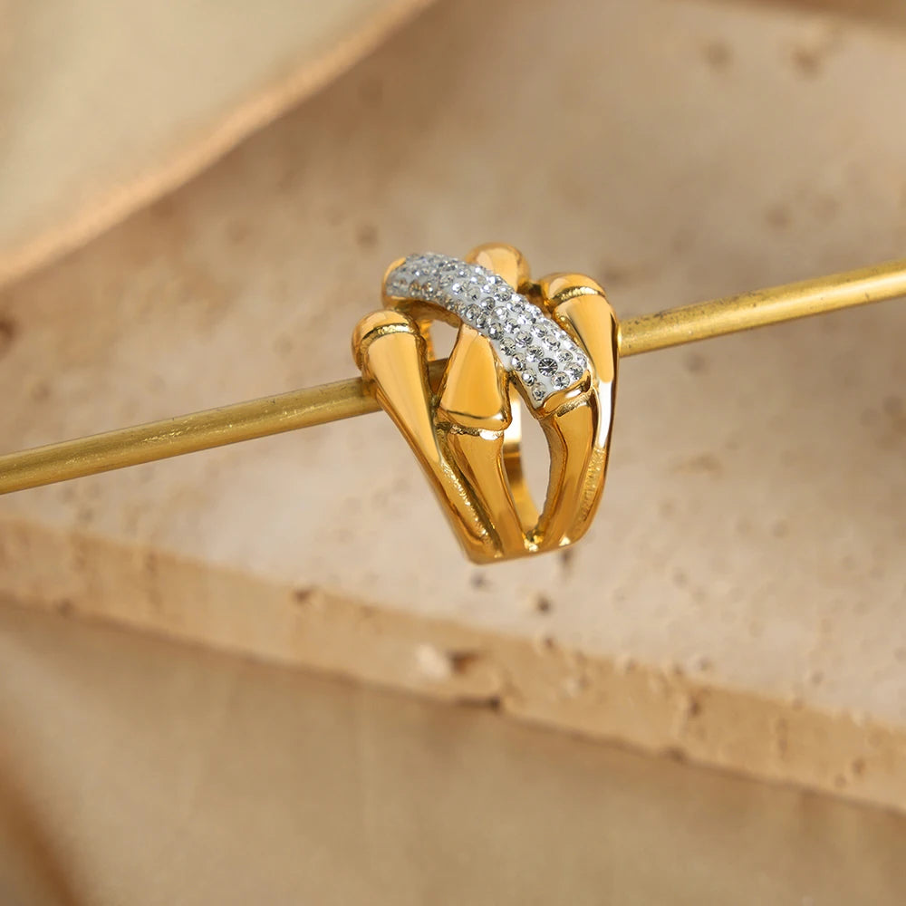 316L Stainless Steel Rings for Women 18K Gold Plated Hollowed Inlaid Zircon No Tarnish Women's Ring Minimalist Couples Jewelry