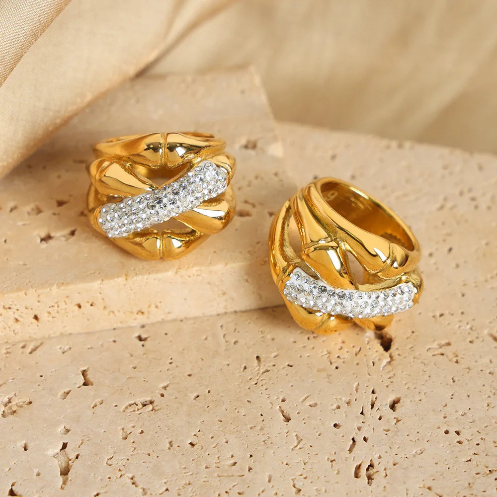 316L Stainless Steel Rings for Women 18K Gold Plated Hollowed Inlaid Zircon No Tarnish Women's Ring Minimalist Couples Jewelry